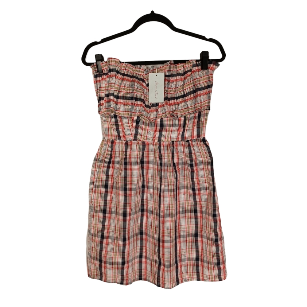 GEREN FORD Red Black Plaid Print Pleated Ruffle Strapless Mini Dress Small NWT